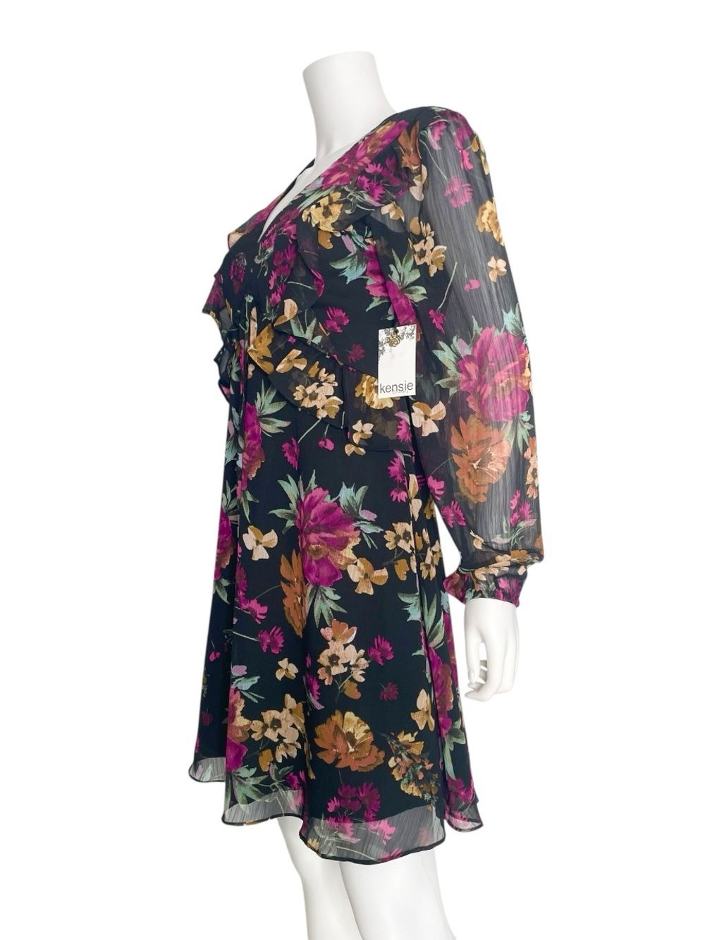 NWT Kensie Floral Chiffon Dress Size 6 Navy Pink Long Sleeve Lined Boho Romantic - Picture 3 of 7